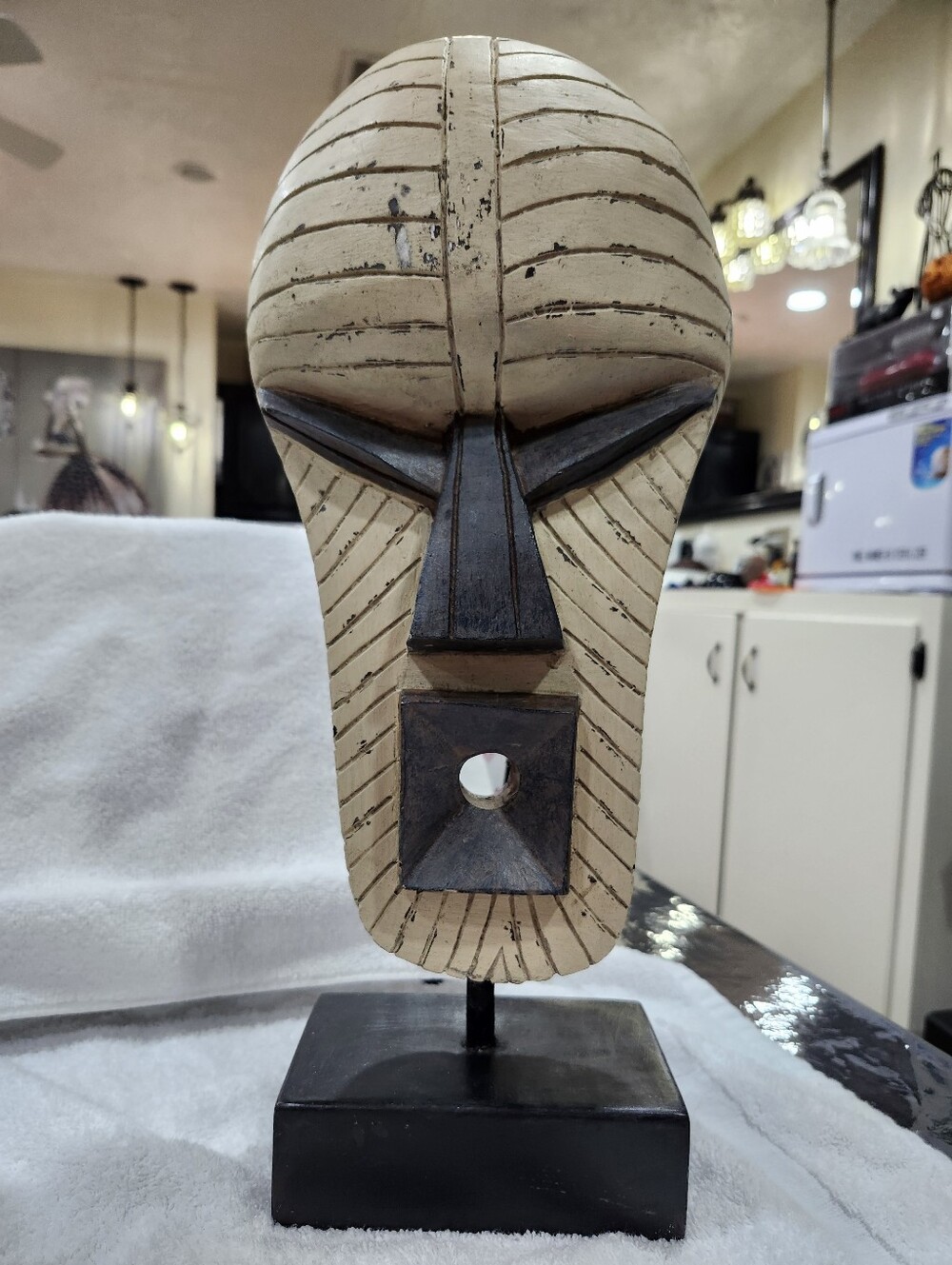 Vintage Hand-carved Decorative Wooden Mask on a Wooden Stand
